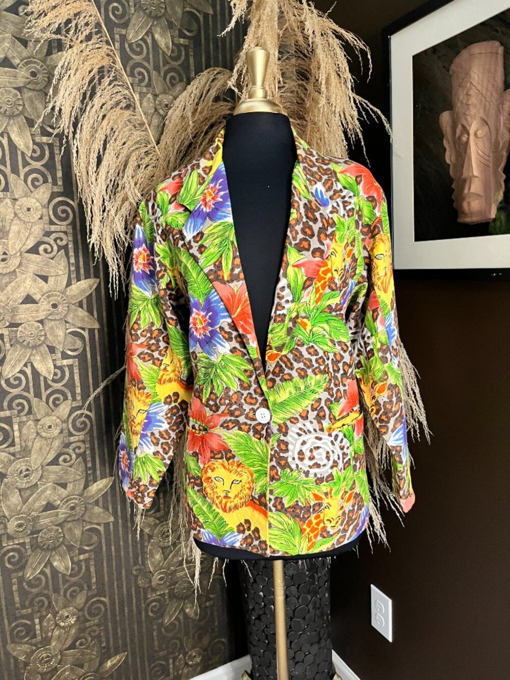 Vintage 80s Adolfo International colorful jungle-themed animal print jacket